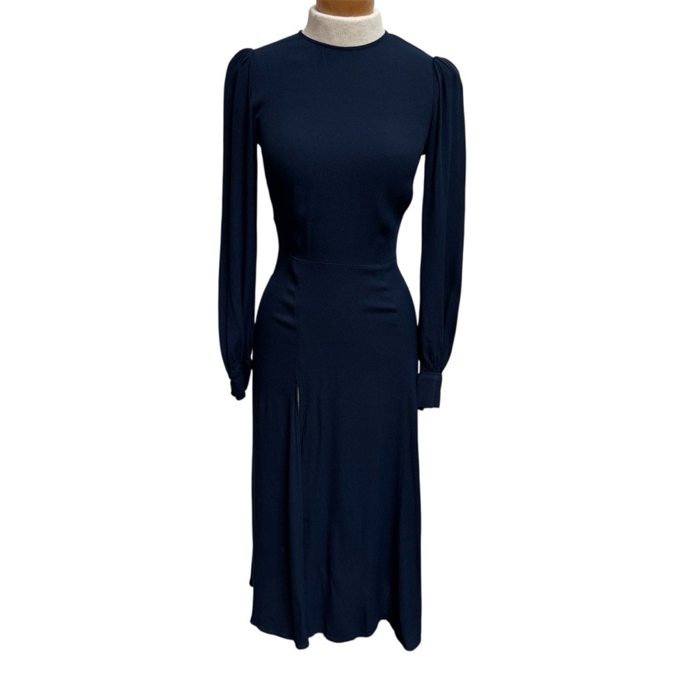 Reformation Creed Midi Dress Women Size 4 Long Puff Sleeves Crew Neck Slit Date